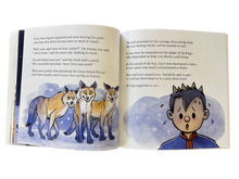 Load image into Gallery viewer, Open book with illustrations of three foxes and a child on a snowy background