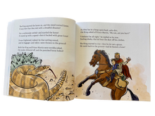 Load image into Gallery viewer, Open book with illustrations of a snake and a horse with a rider on a white background
