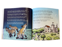 Load image into Gallery viewer, Open book with illustrations of a fox and donkey, and a castle on a white background
